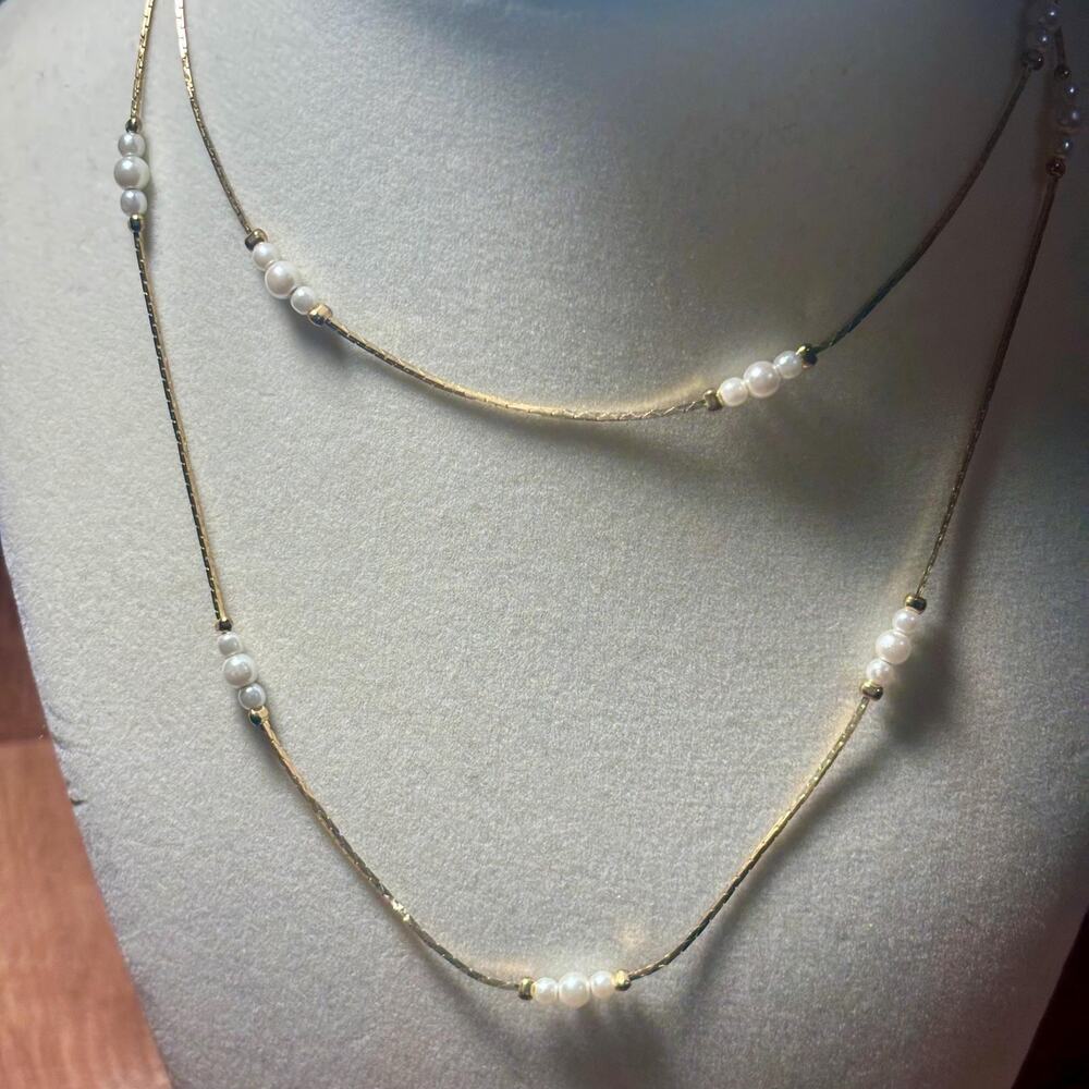 Gold Tone Double Strand Pearl Necklace Korea Marked 28 Inch Layered Chaind